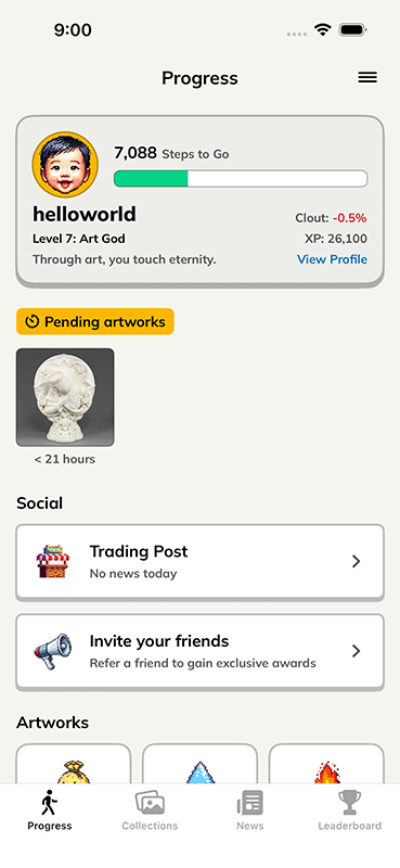 App preview: Progress page with 990 steps until next artwork. Pending artworks waiting